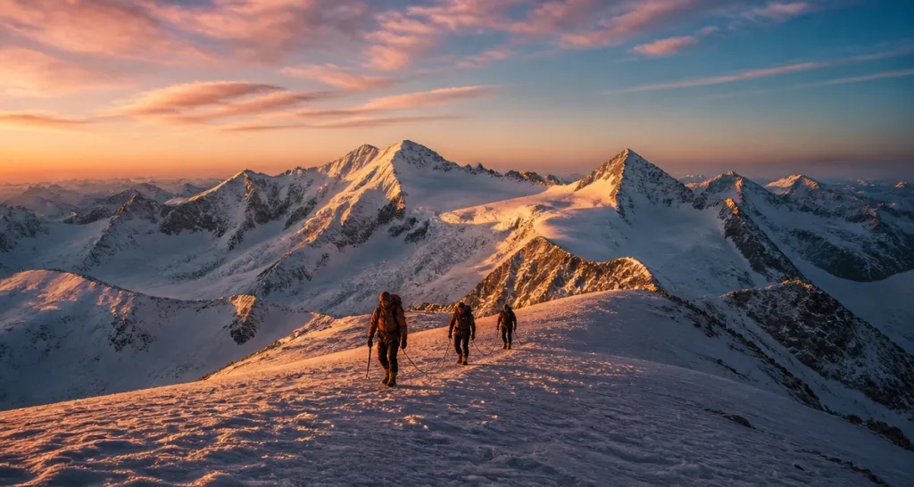 Cordée sur glacier Mont Rose à l'aube
