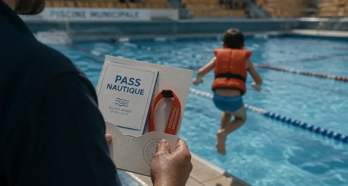 Pass nautique : test 20 mètres de nage en piscine, évaluateur et enfant