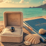 perle de tahiti noire ronde sur écrin avec lagon