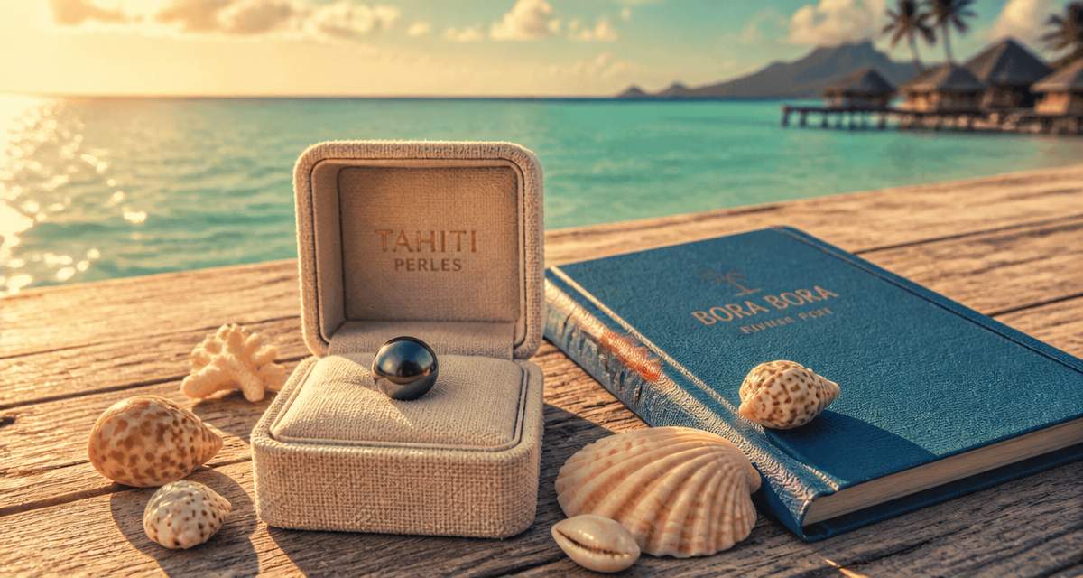 perle de tahiti noire ronde sur écrin avec lagon