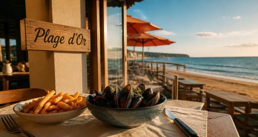 Plage d'or bar brasserie à Omaha Beach : moules et frites face à la Manche