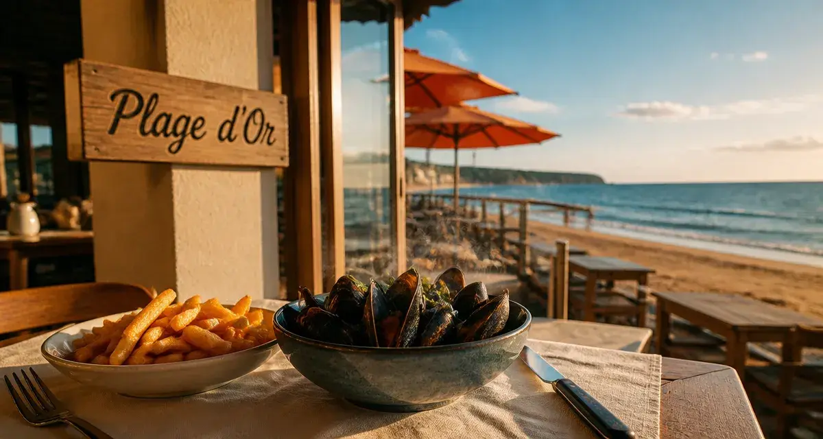 Plage d'or bar brasserie à Omaha Beach : moules et frites face à la Manche
