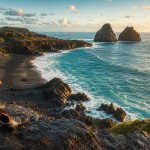 Plage noire Cap d’Agde, Grande Conque, sable noir et roches volcaniques