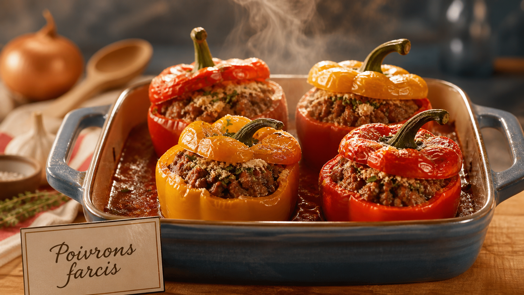 Poivrons farcis au four viande hachee, bouillon