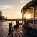 Quai de la Motte Rouge à Nantes sur l’Erdre, navire au coucher du soleil
