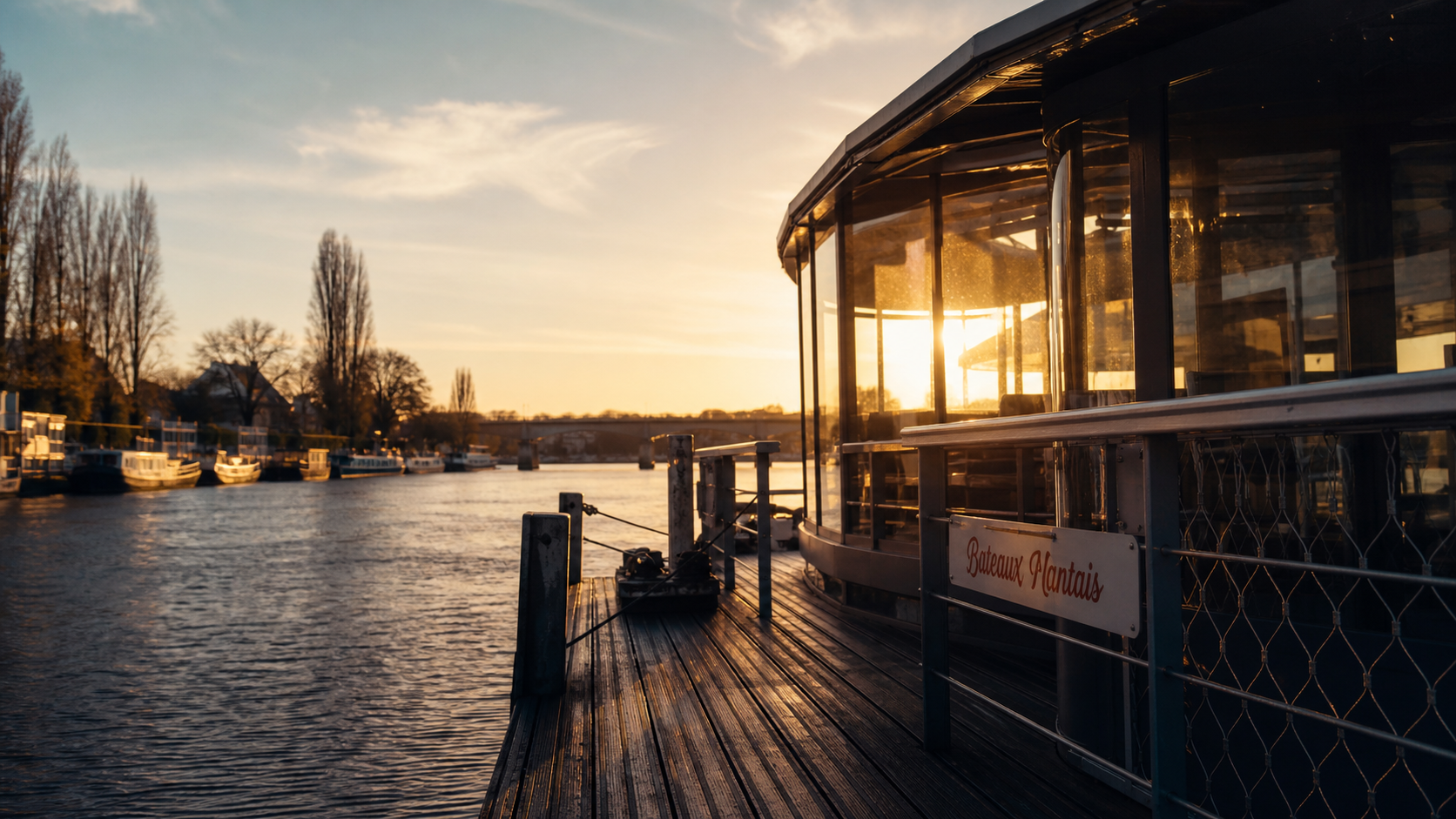 Quai de la Motte Rouge à Nantes sur l’Erdre, navire au coucher du soleil