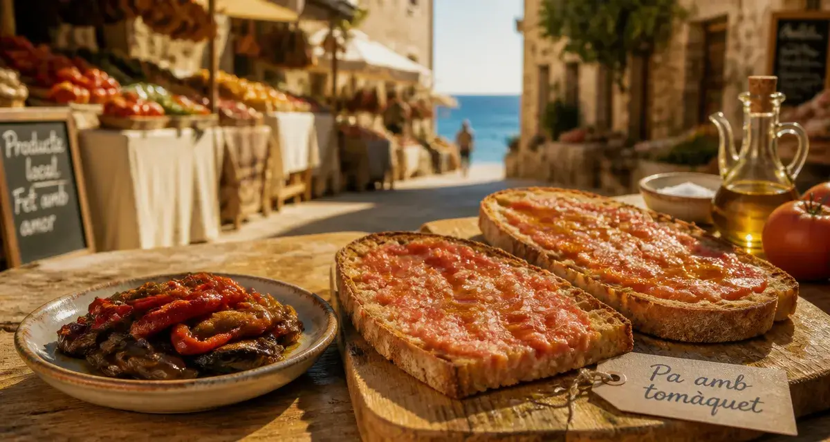 Spécialité barcelone : Pa amb tomàquet et Escalivada, vue à table au marché de Barcelone