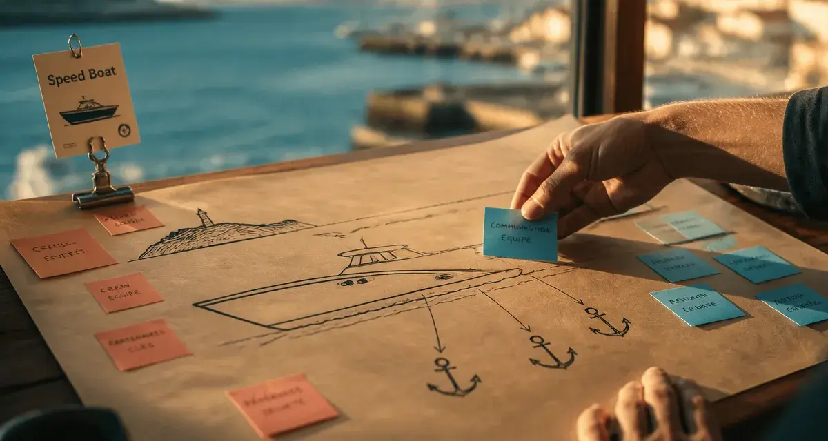 Speedboat : schéma de bateau agile avec post-it sur feuille kraft