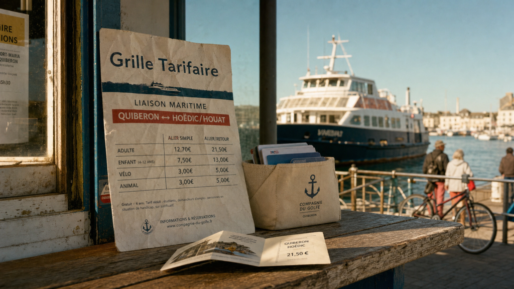 Tarif traversée Quiberon Belle-Île : affiche “Grille Tarifaire” sur le quai de Quiberon