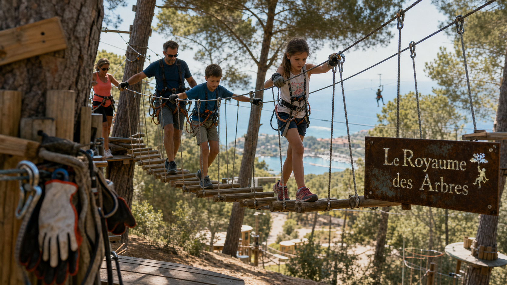 Accrobranche le Castellet : famille sur pont de singe en forêt, harnais et tyrolienne