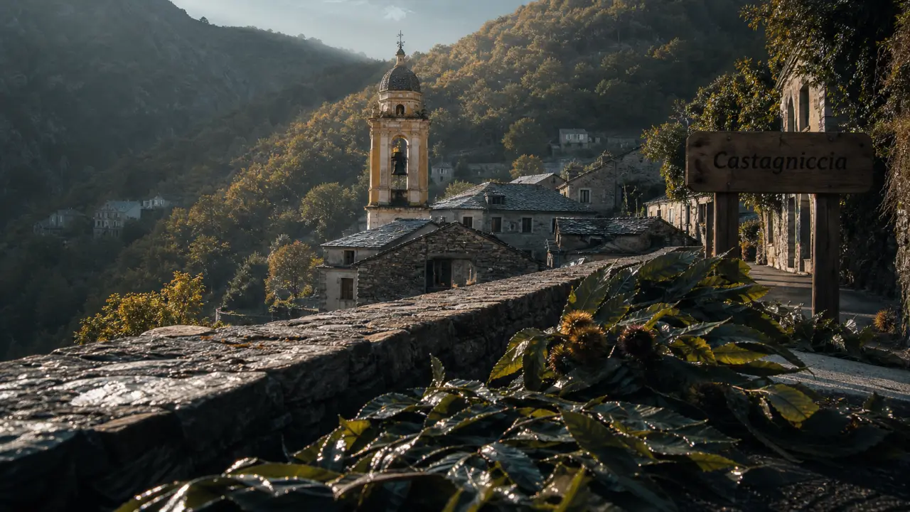 Castagniccia : route en lacets vers un village de schiste et clocher