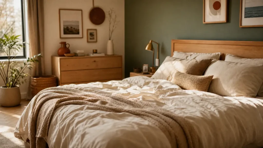 Chambre vert sauge et bois : cocon lumineux, linge écru et bois clair