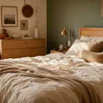 Chambre vert sauge et bois : cocon lumineux, linge écru et bois clair