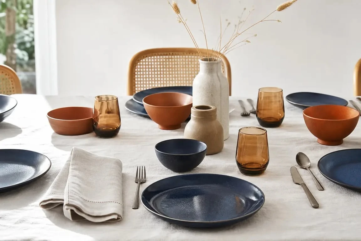 Vaisselle coloré sur une table dressée élégante avec assiettes bleu profond, bols terracotta et verres ambrés