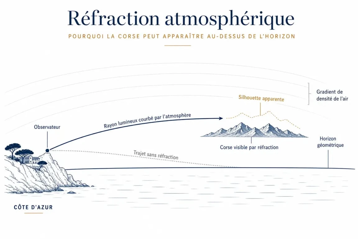 Schéma explicatif du mirage corse et de la réfraction atmosphérique permettant de voir l'île depuis le continent