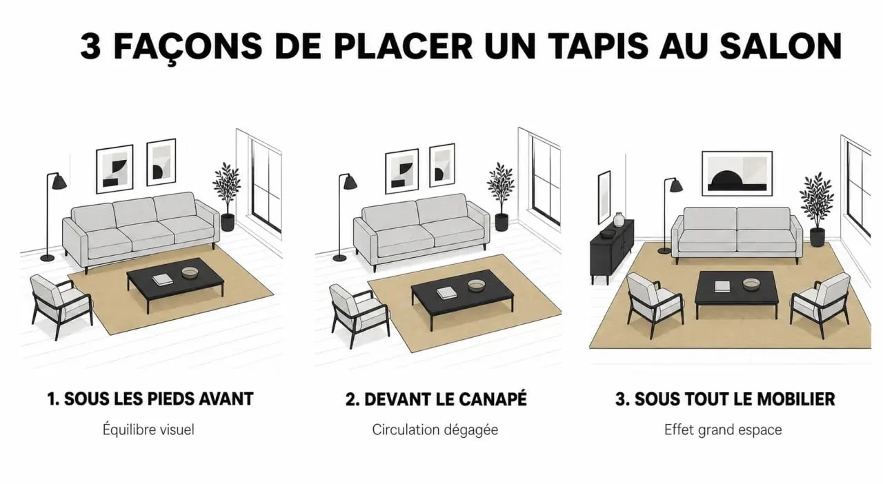 Tapis dans salon : schéma des trois positions possibles par rapport au canapé et à la table basse