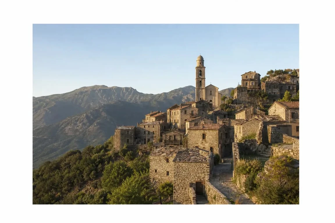 Sorio Corse, vue du village perché avec son clocher et les montagnes du Nebbiu