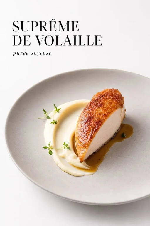 Recette de chef : suprême de volaille rôti et sa purée onctueuse dressés sur assiette