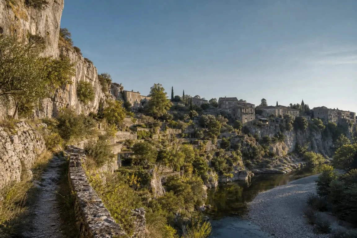 Sentier des jardins suspendus du Récatadou à Labeaume, panorama sur les terrasses en pierres sèches et la rivière Beaume