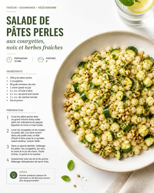 Recette cabas : salade de pâtes perles aux courgettes et noix