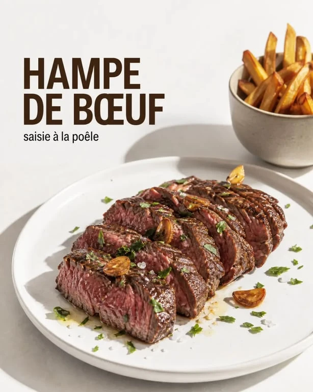 Recettes hampe de boeuf saisie à la poêle, servie rosée avec herbes fraîches et accompagnement simple