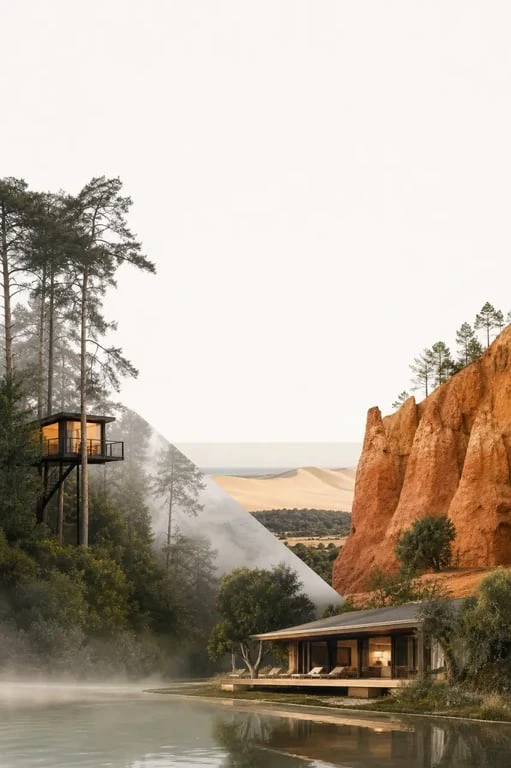 Vacances insolites France : cabane perchée, dune de sable et lodge au bord de l’eau dans une composition éditoriale