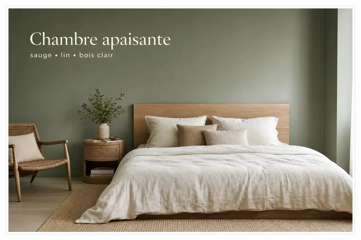 Chambre vert sauge et bois avec mur vert sauge, lit en bois clair et linge de lit écru