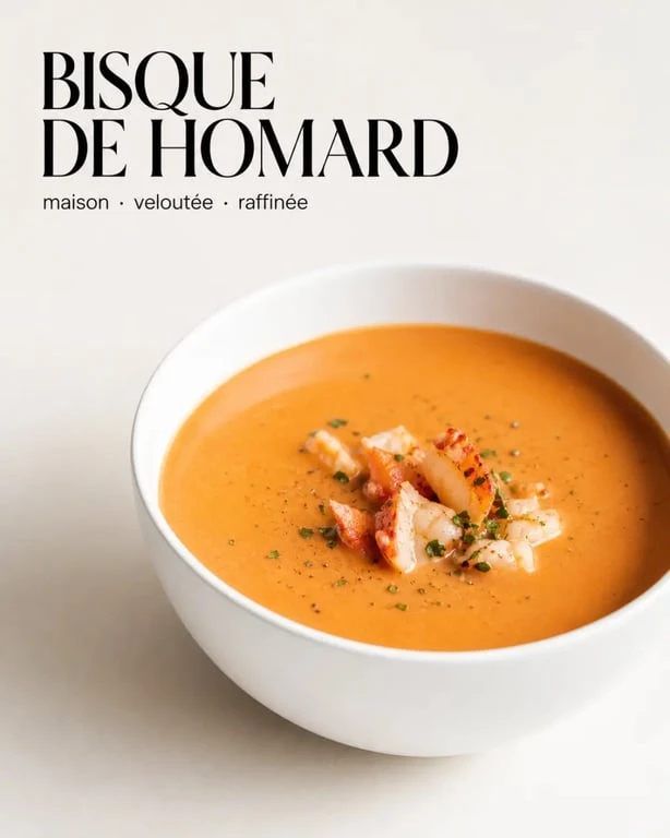Recettes bisque de homard maison servie dans un bol blanc avec quelques morceaux de homard