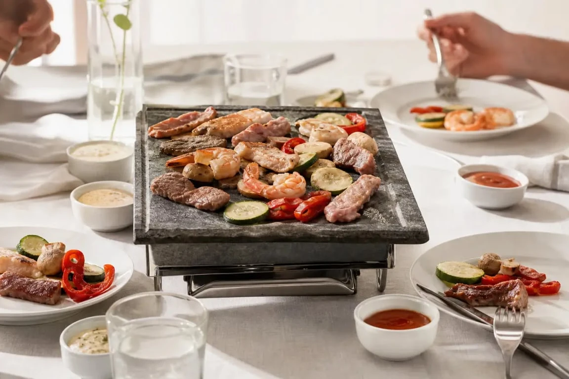 Recette pour pierrade conviviale avec viandes, légumes et sauces sur table
