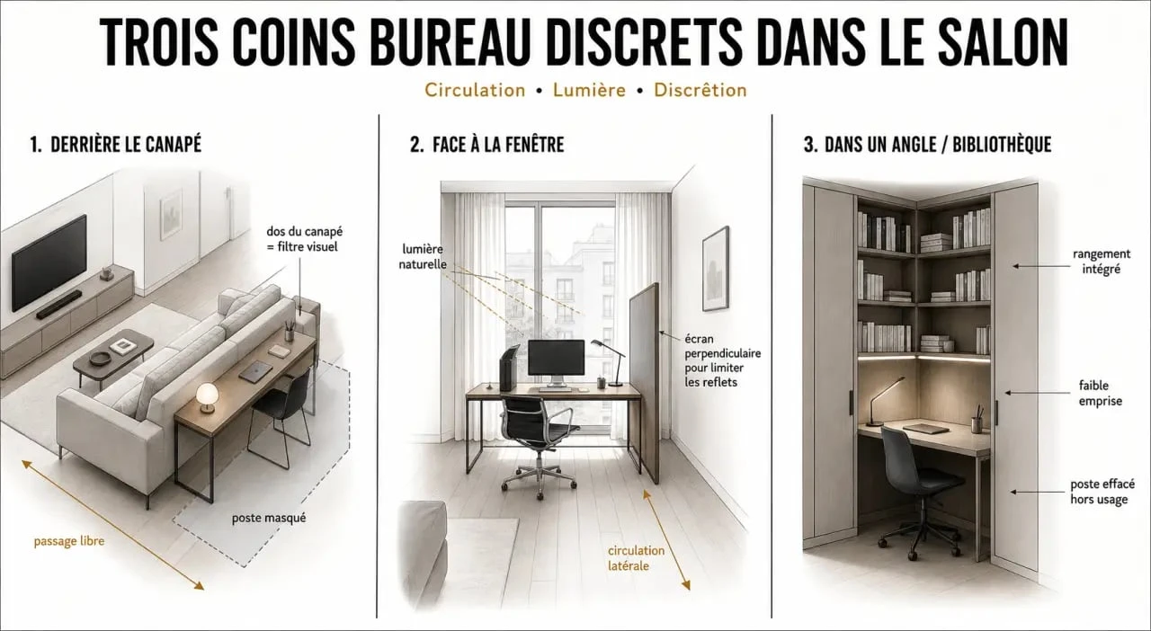 Coin bureau salon : trois idées d’aménagement discret et pratique dans une pièce à vivre