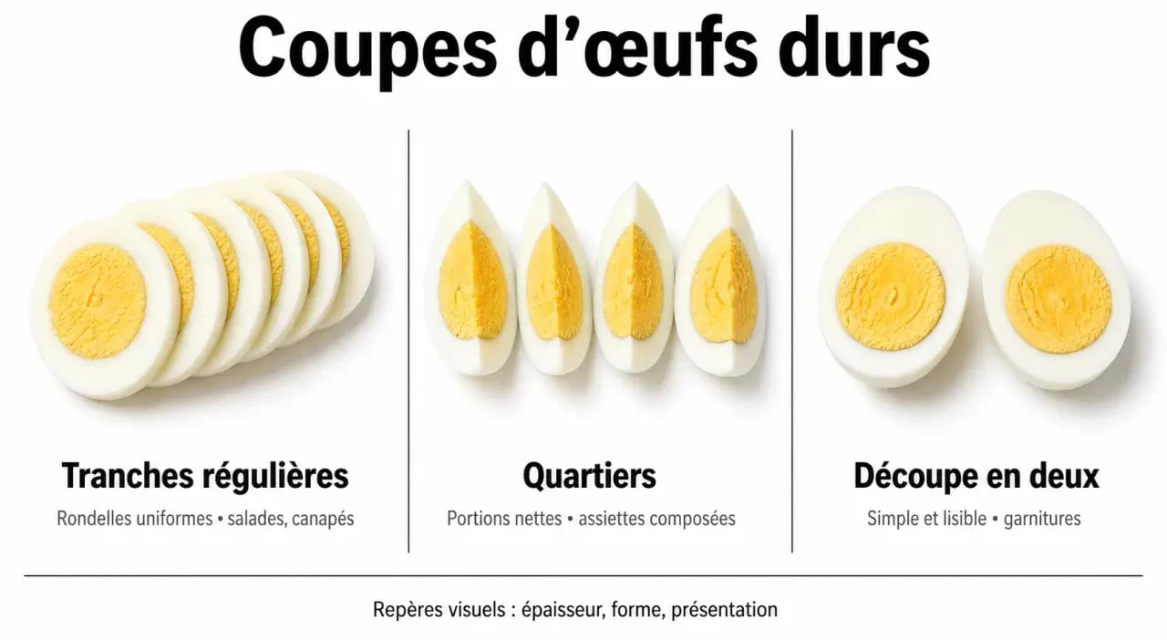 Infographie comparative des différents types de coupes pour œufs durs : tranches, quartiers et moitiés