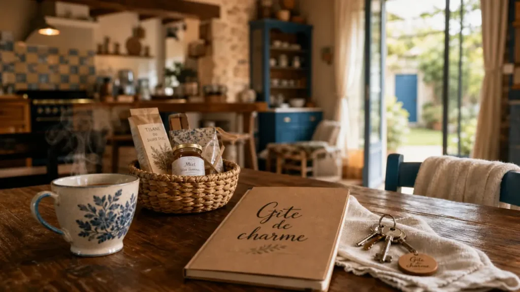 Gite de charme : table en bois, cuisine et jardin