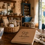 Gite de charme : table en bois, cuisine et jardin