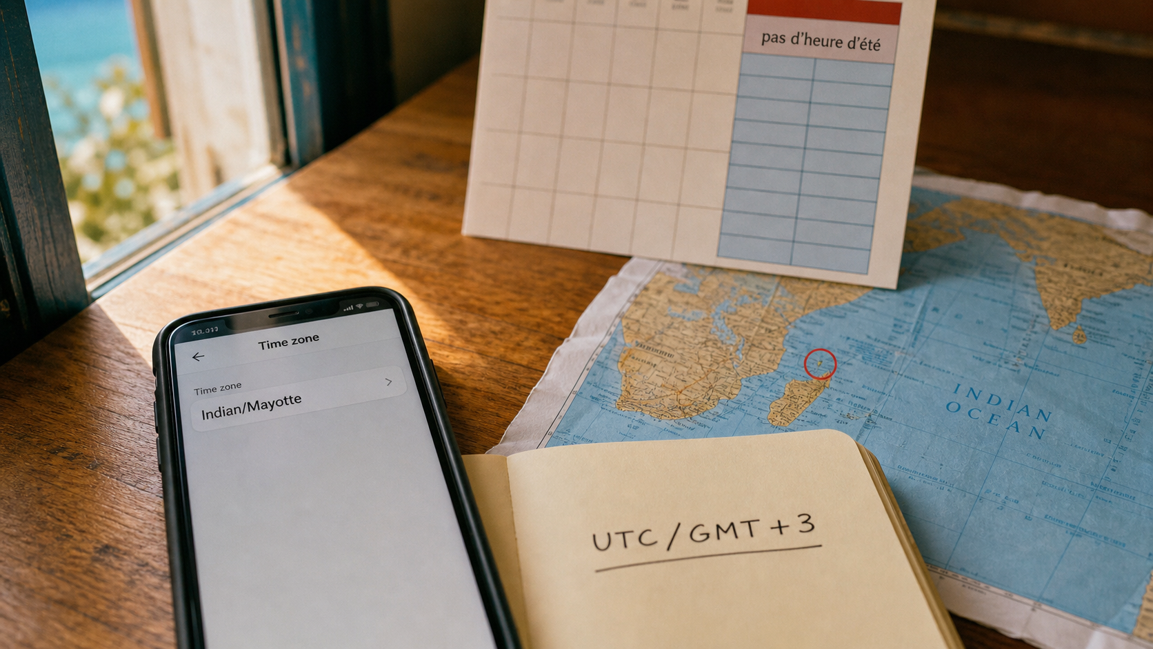 Heure à Mayotte UTC/GMT+3, réglage Indian/Mayotte sans heure d’été