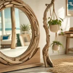 Idées déco bois flotté ambiance nature : miroir rond et branche polie dans une entrée lumineuse