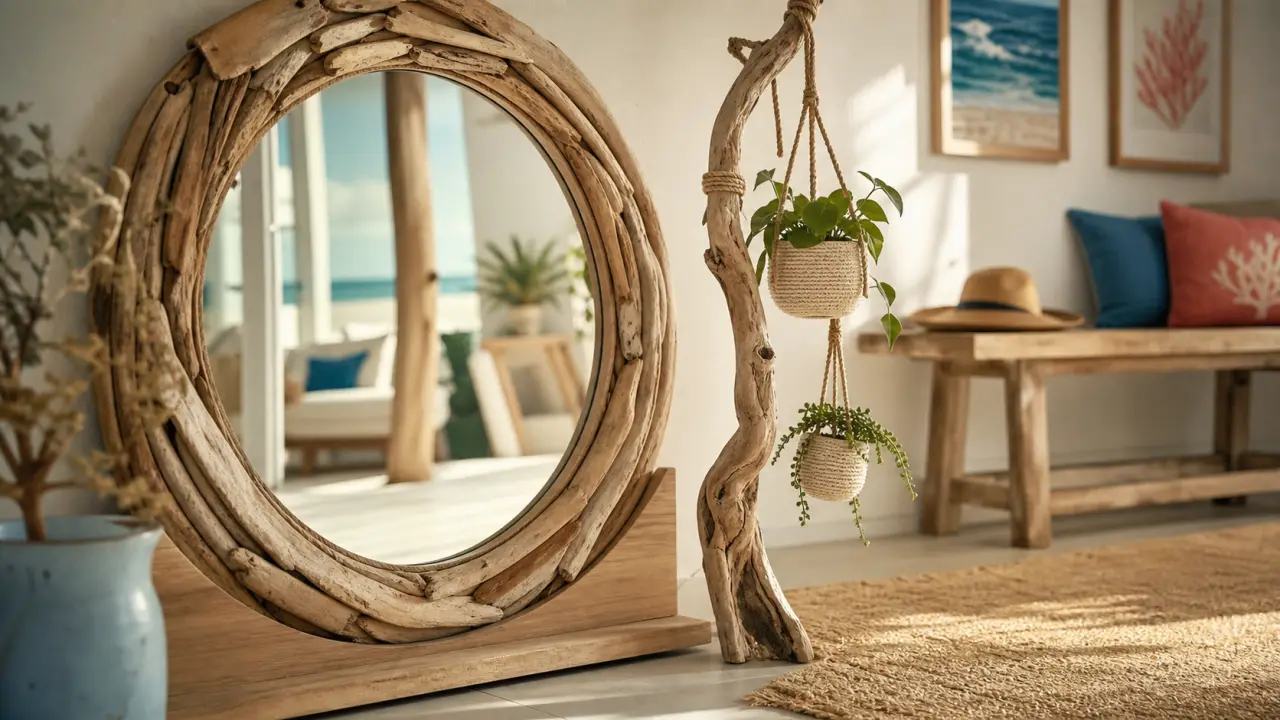 Idées déco bois flotté ambiance nature : miroir rond et branche polie dans une entrée lumineuse