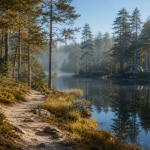 Lac de Creno, sentier et pins laricio au bord des pozzines