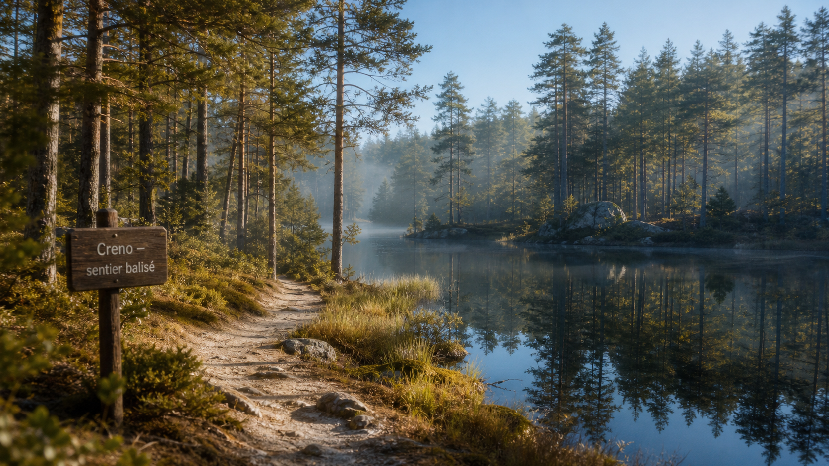Lac de Creno, sentier et pins laricio au bord des pozzines