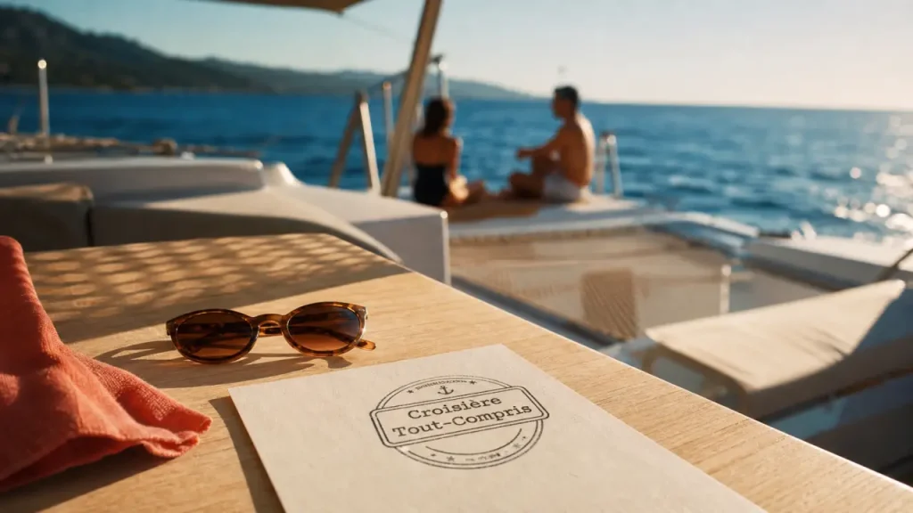 Location catamaran Côte d’Azur : pont avec carte croisière tout-compris