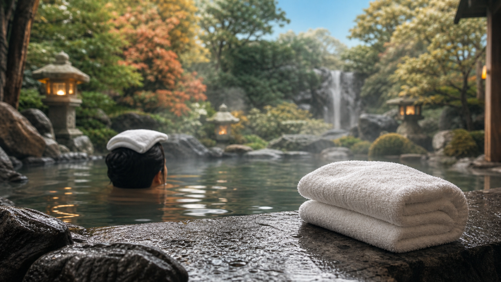 Onsen Kyoto : vapeur dans un rotenburo, jardin japonais, serviettes