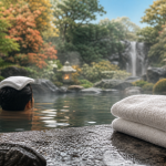 Onsen Kyoto : vapeur dans un rotenburo, jardin japonais, serviettes
