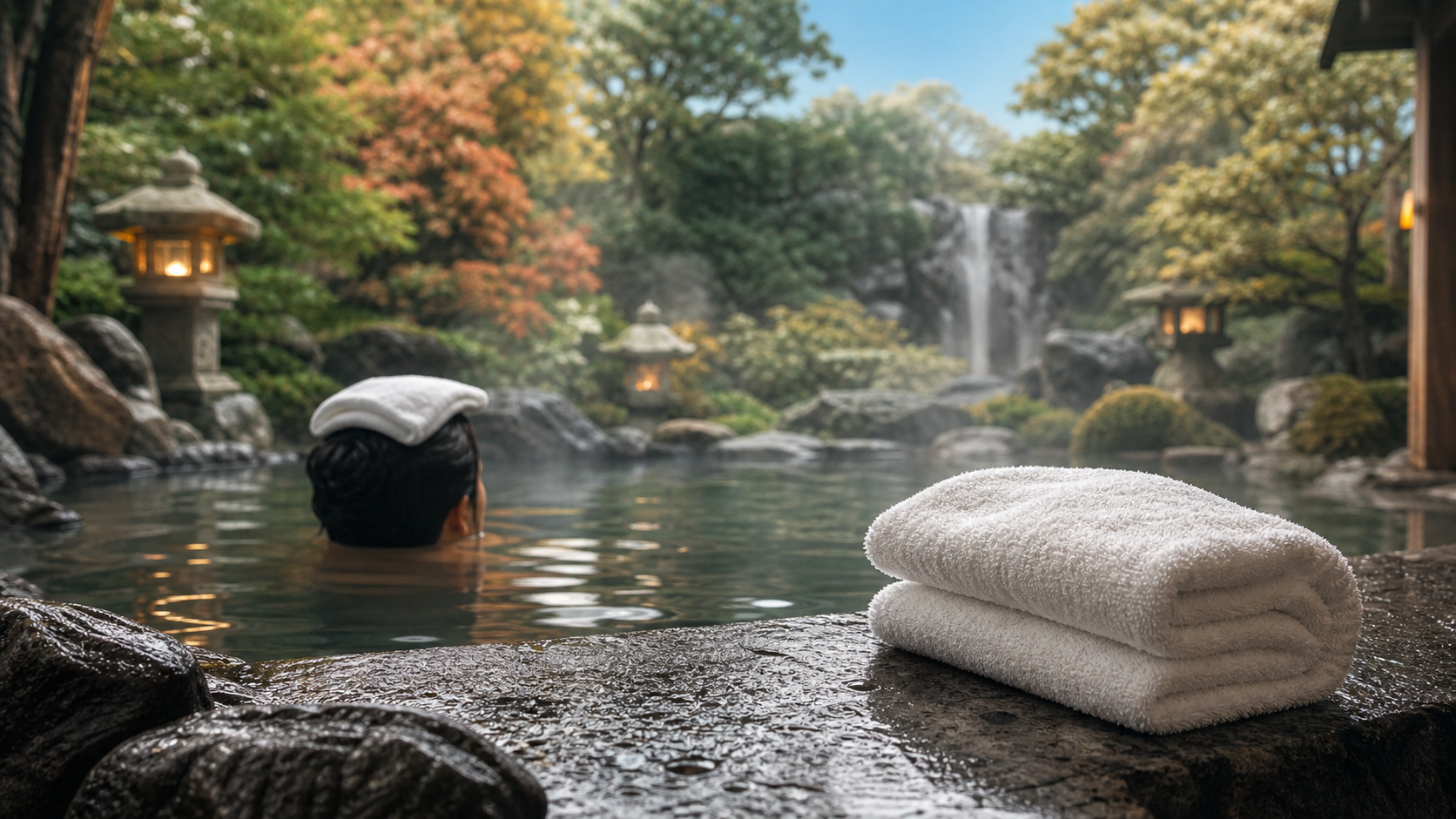 Onsen Kyoto : vapeur dans un rotenburo, jardin japonais, serviettes