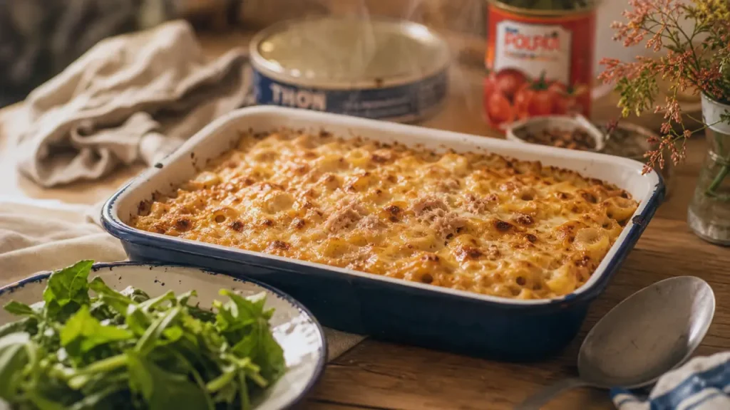 Plats familiales pas chers : gratin de pâtes au thon fumant