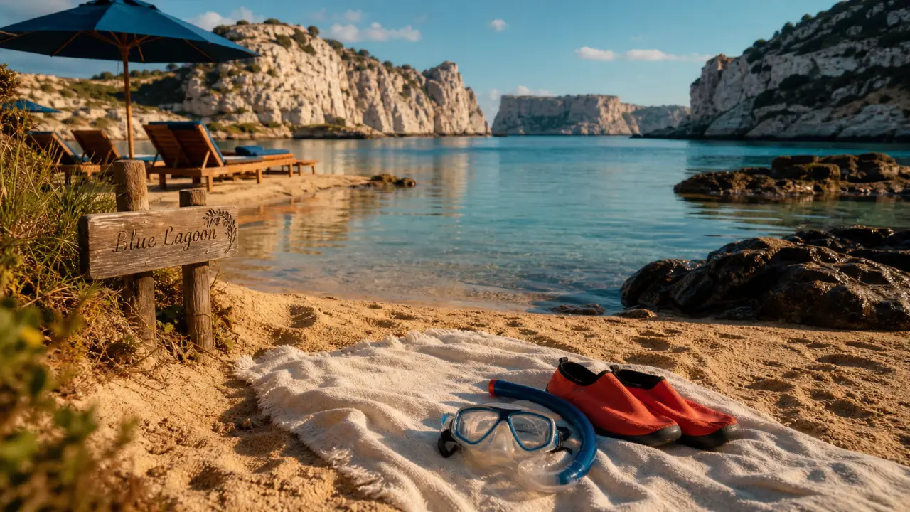 Plus belle plage de Malte : Blue Lagoon, lagon turquoise avec sable doré et tuba