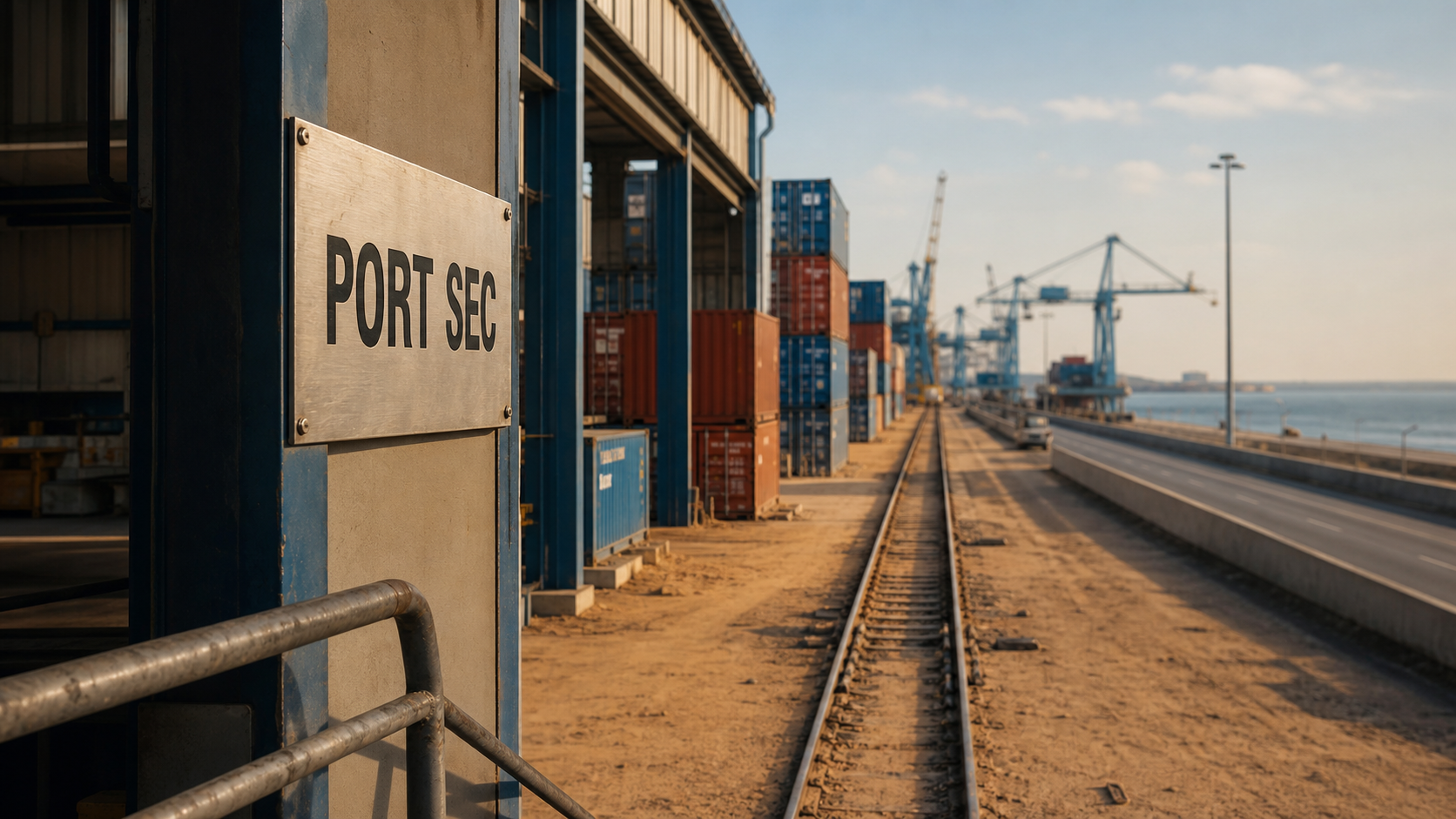 Port sec : panneau “PORT SEC” sur entrepôt, conteneurs et terminal