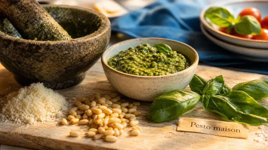 Recette pour pesto basilic maison : pesto vert au basilic, pignons et parmesan
