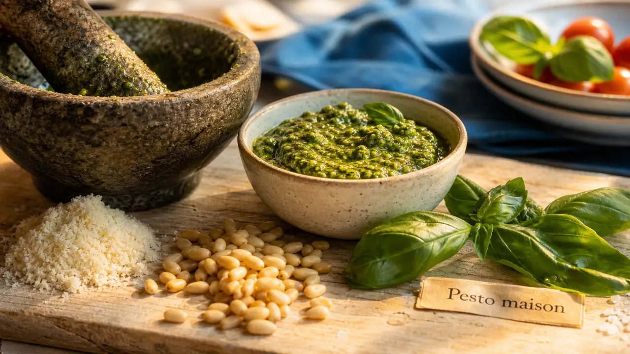 Recette pour pesto basilic maison : pesto vert au basilic, pignons et parmesan