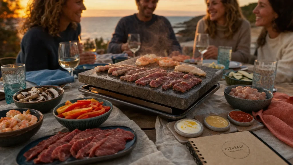 Recette pour pierrade : table avec pierrade en pierre chauffante