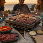 Recette pour pierrade : table avec pierrade en pierre chauffante