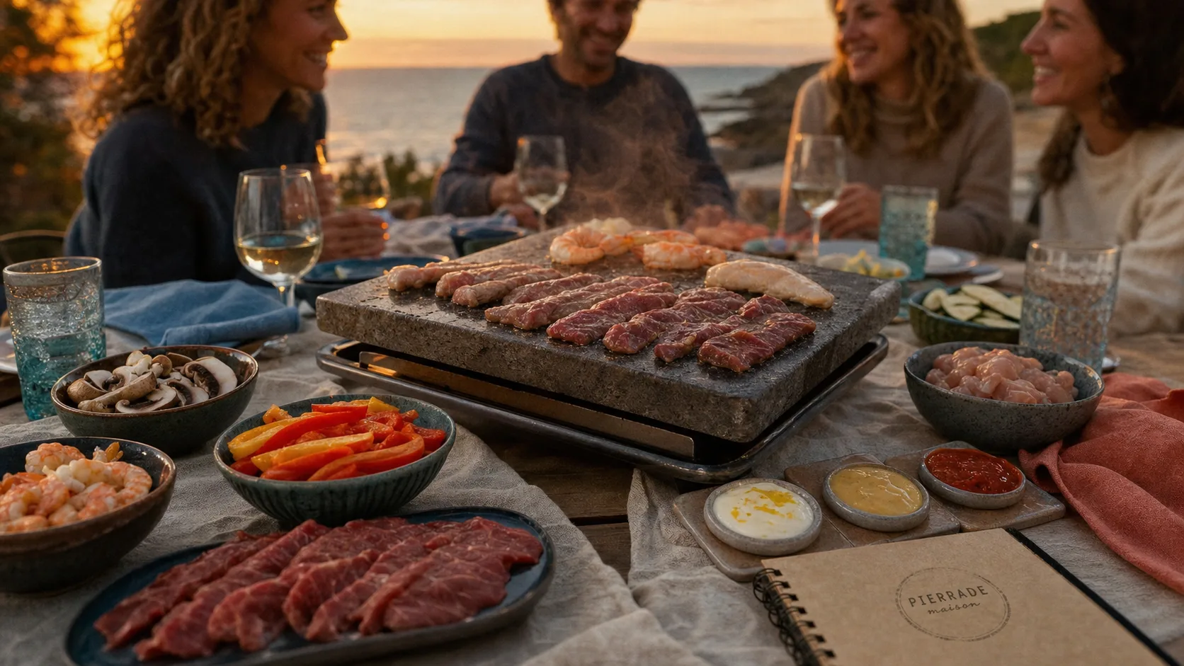 Recette pour pierrade : table avec pierrade en pierre chauffante